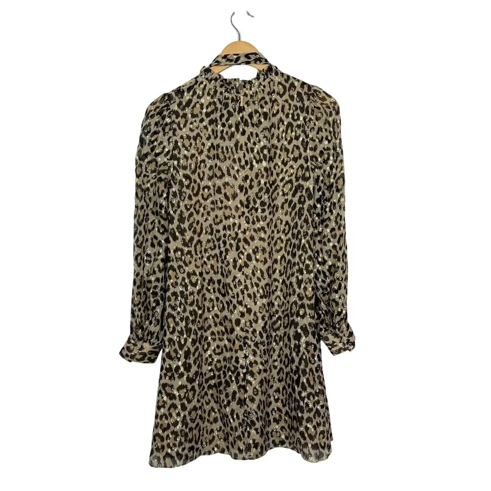 Kate Spade Mini Dress Womens Size 2 Beige Leopard Silk Blend Metallic Ruffle Dot